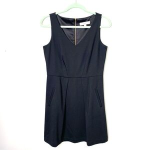 LOFT Black V-Neck Sleeveless Dress Size 6 Gold Zip Back Work Office Minimalist